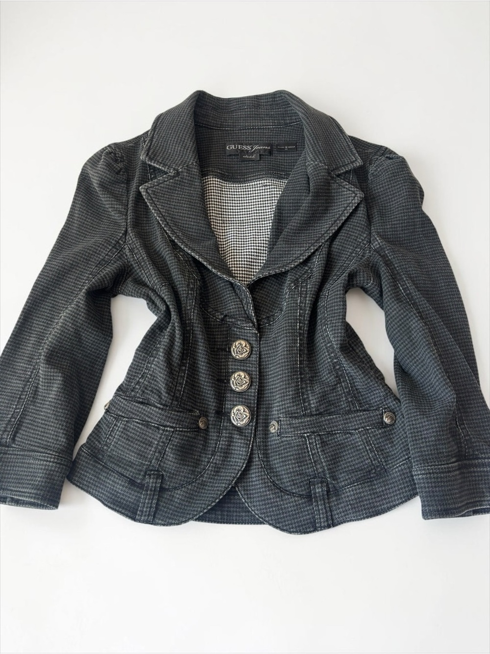 Guess Jeans Y2K Gray Black Plaid Fitted Blazer Silver Buttons Office Siren XS